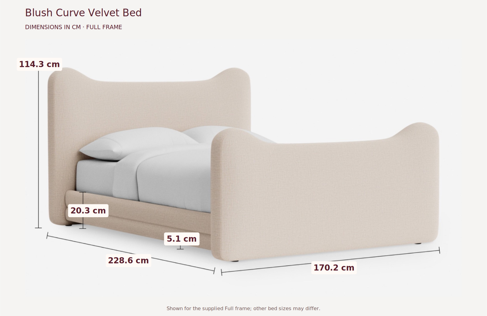 Blush Curve Velvet Bed measurements in centimetres