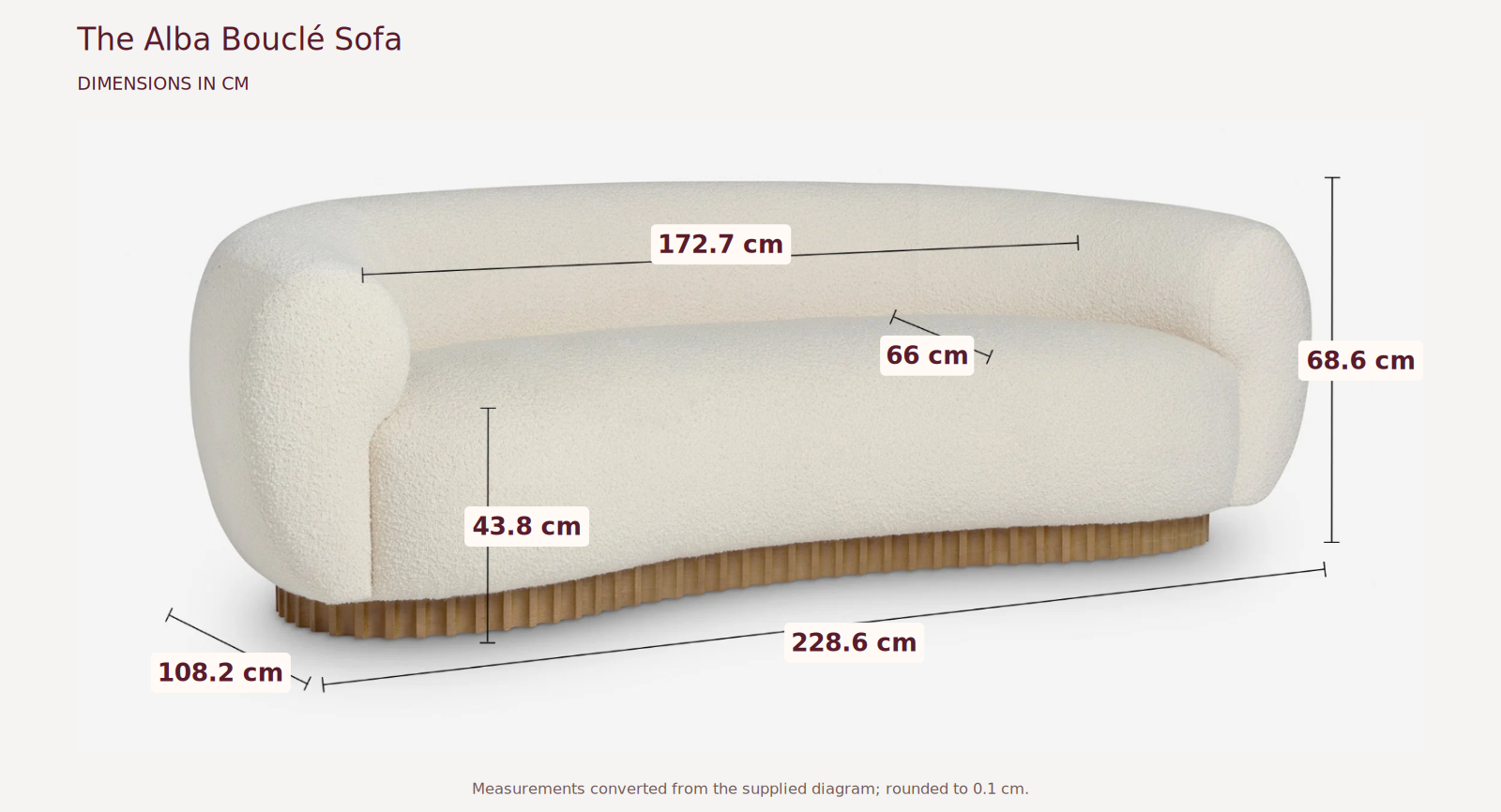 The Alba Bouclé Sofa measurements in centimetres