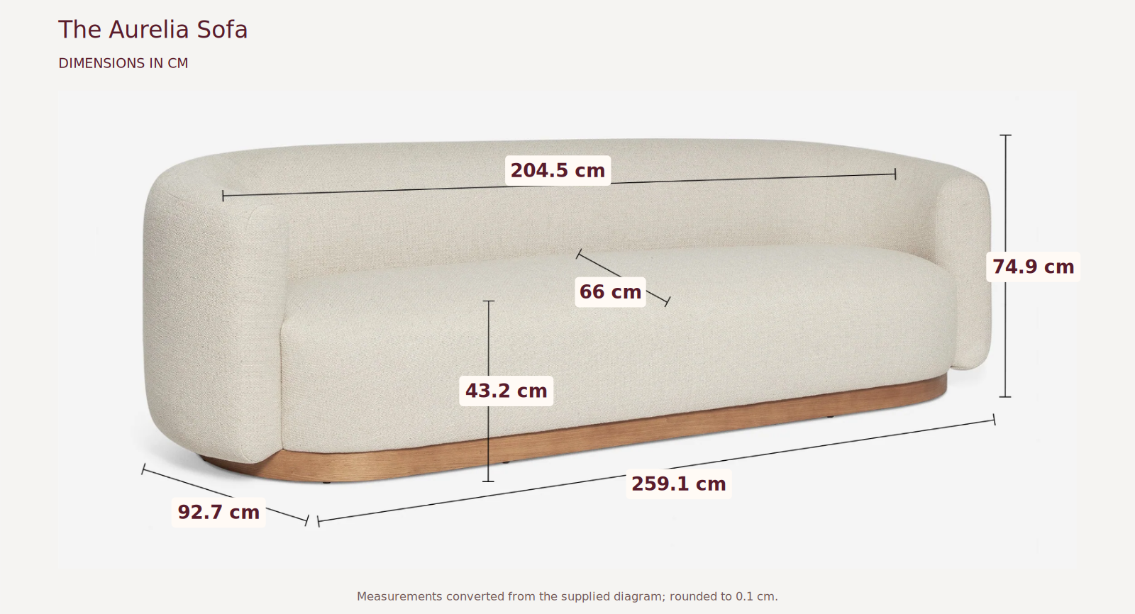 The Aurelia Sofa measurements in centimetres