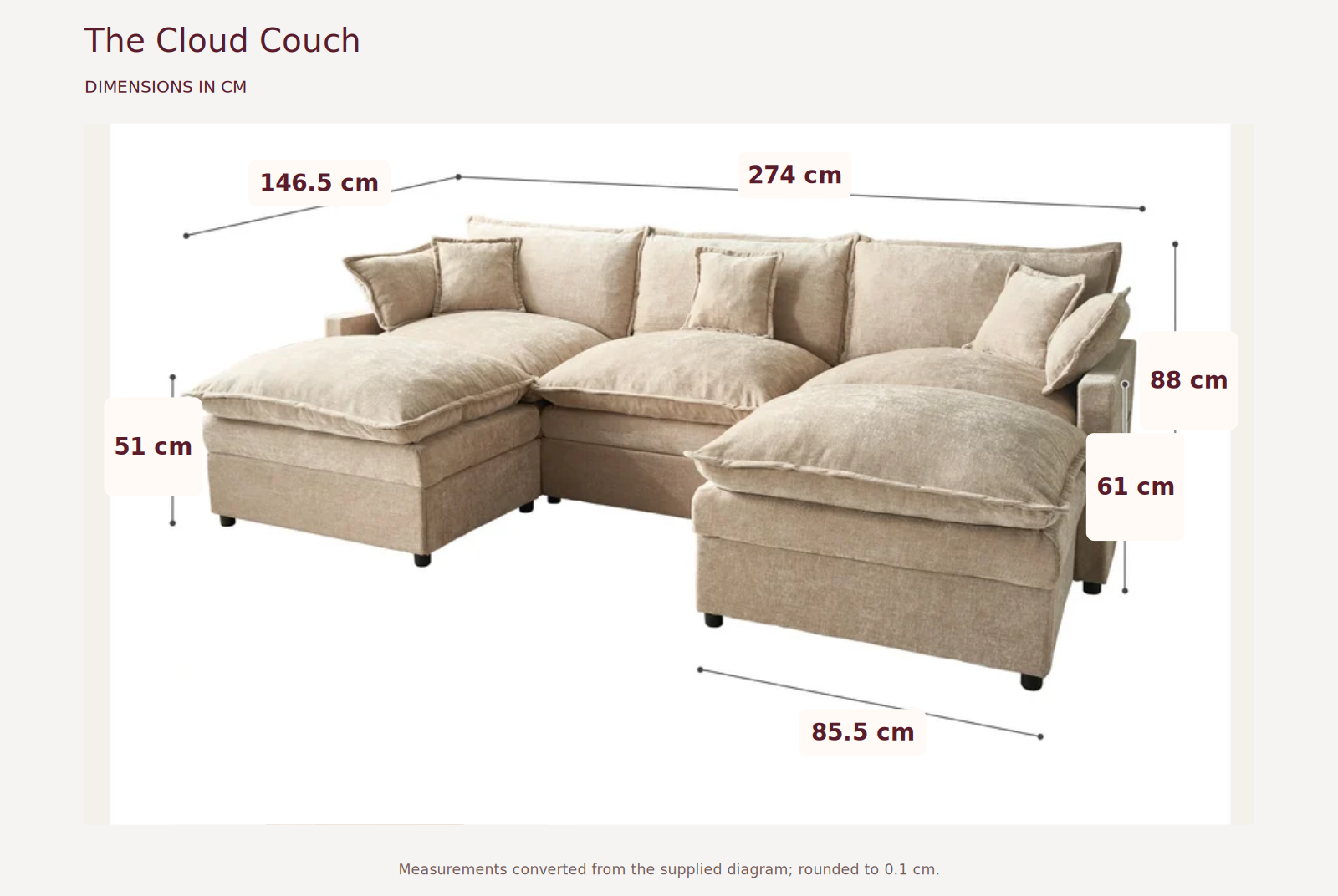The Cloud Couch measurements in centimetres