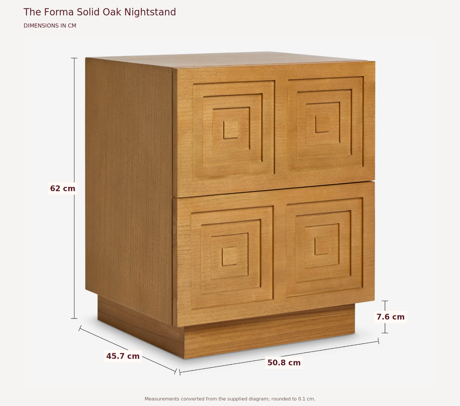 The Forma Solid Oak Nightstand measurements in centimetres