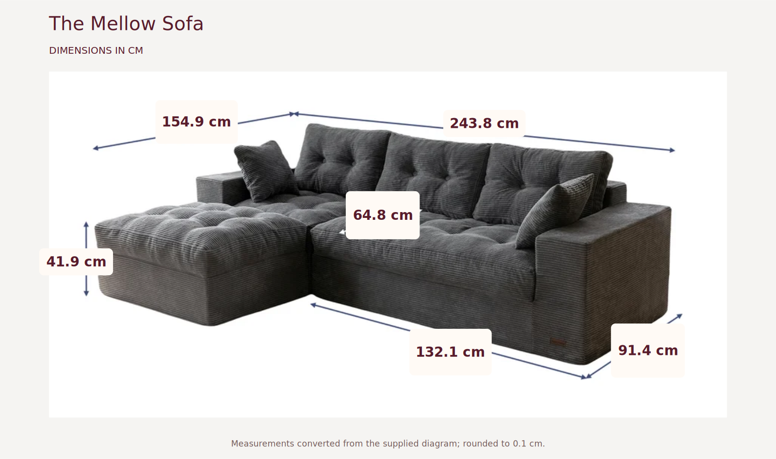 The Mellow Sofa measurements in centimetres