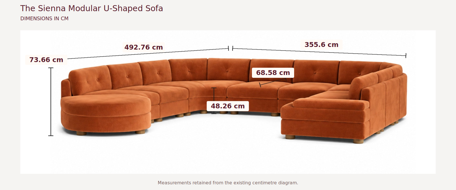 The Sienna Modular U-Shaped Sofa measurements in centimetres